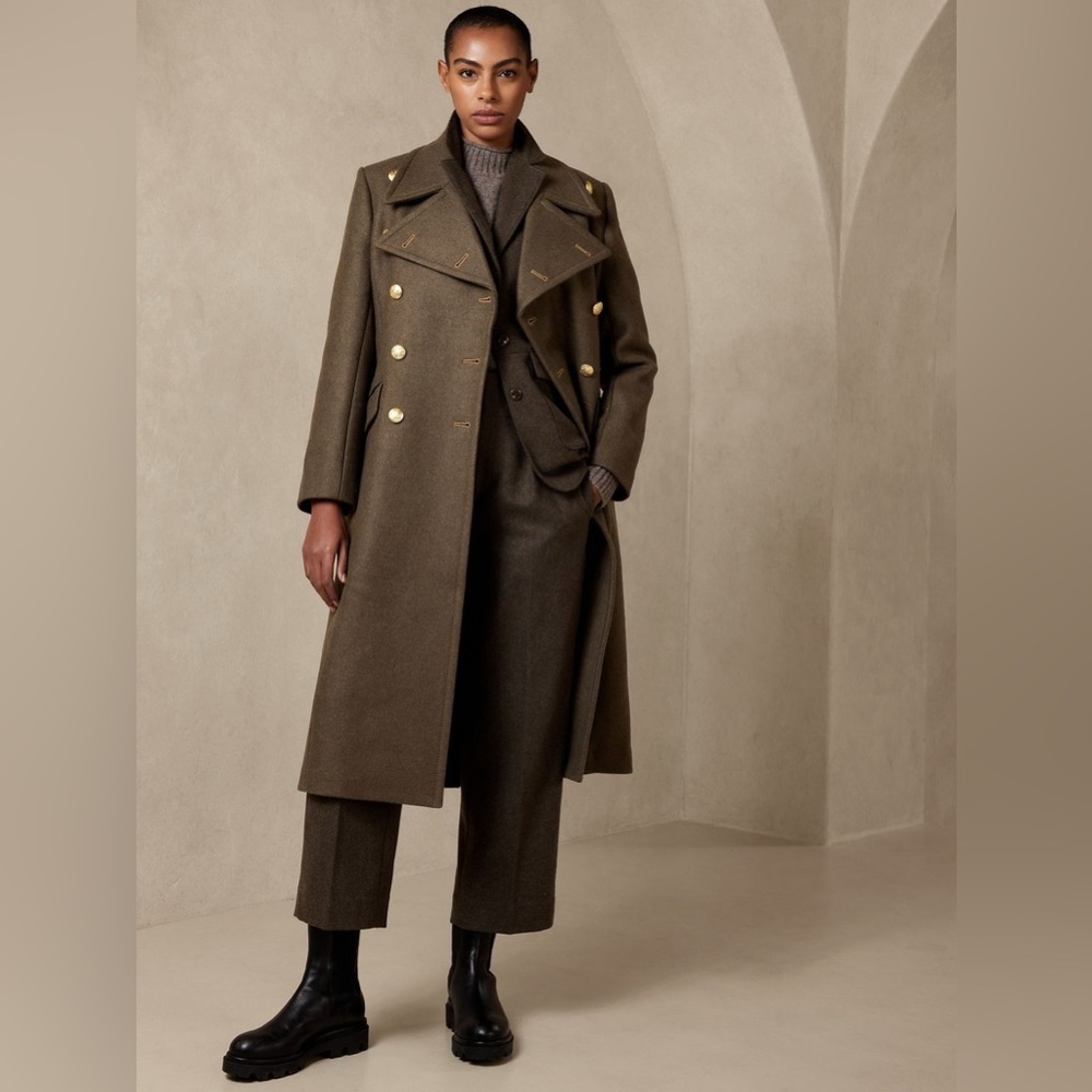Banana Republic Cian Melton Great Coat M Olive Green NWT Gold Buttons Wool Blend - Picture 3 of 15